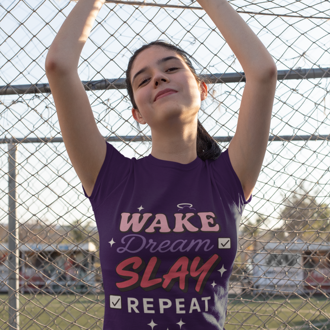 Wake Dream Slay Repeat T-Shirt – Motivational Teen Girl Graphic Unisex Heavy Cotton Tee
