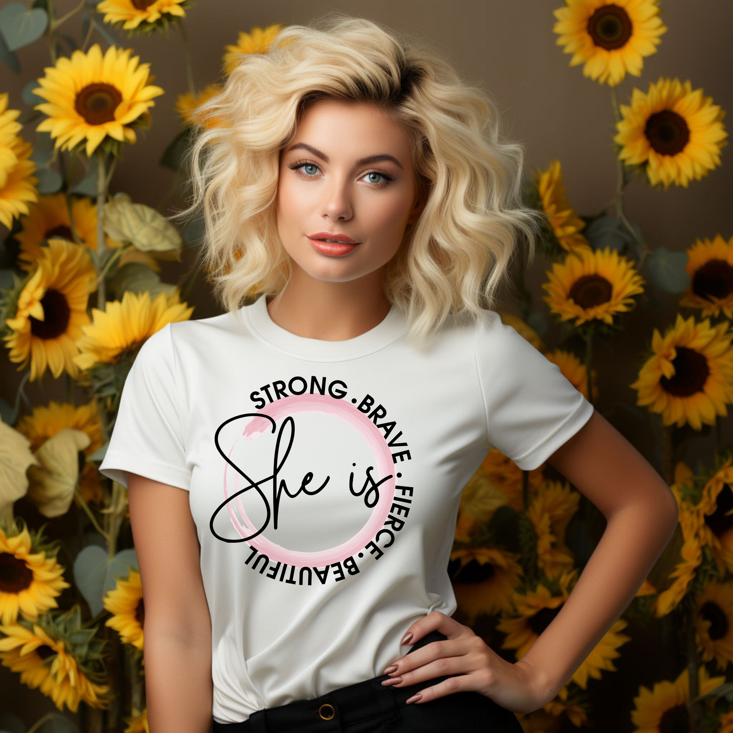 Empower women everywhere with our" She is strong, Brave, Fierce, Beautiful" t-shirt!