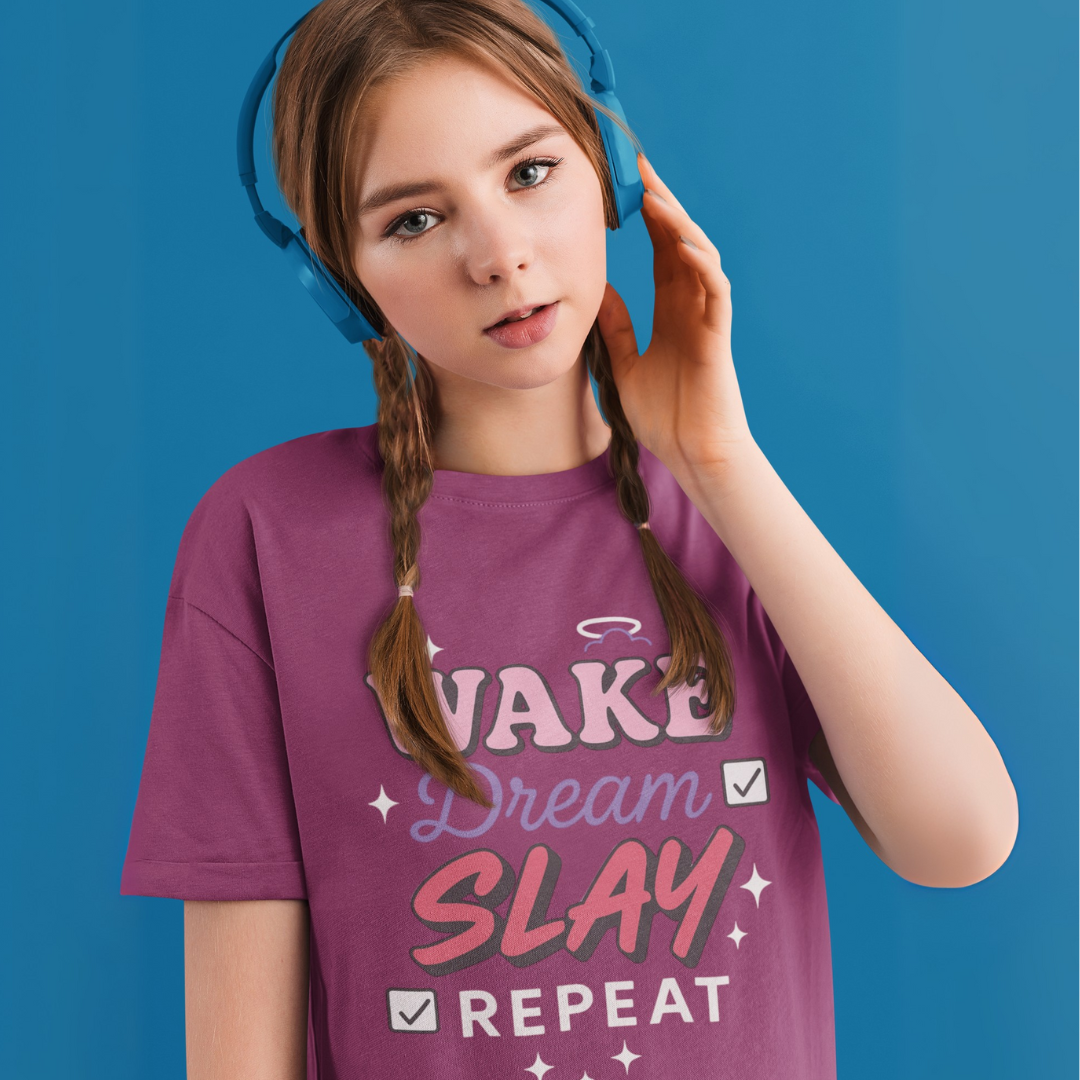 Wake Dream Slay Repeat T-Shirt – Motivational Teen Girl Graphic Unisex Heavy Cotton Tee