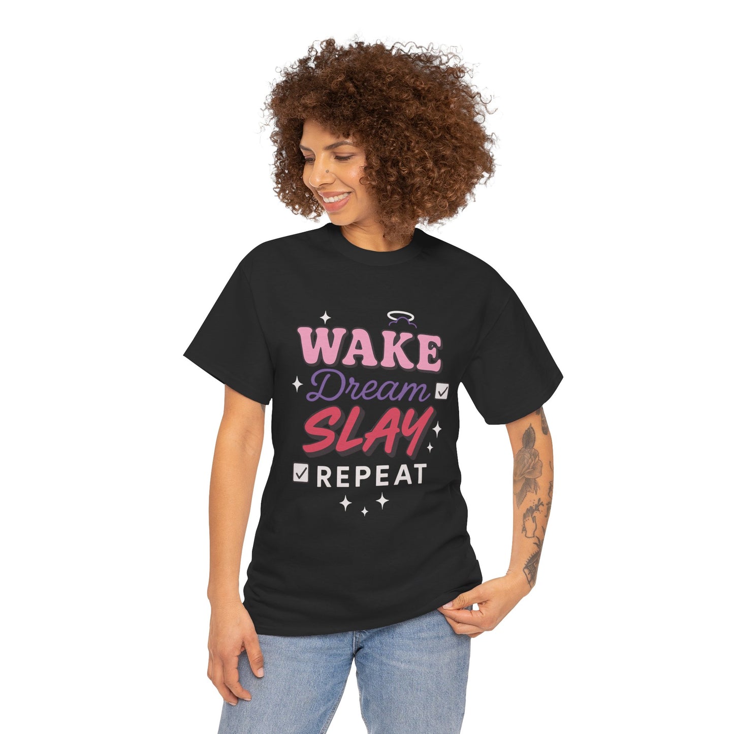Wake Dream Slay Repeat T-Shirt – Motivational Teen Girl Graphic Unisex Heavy Cotton Tee